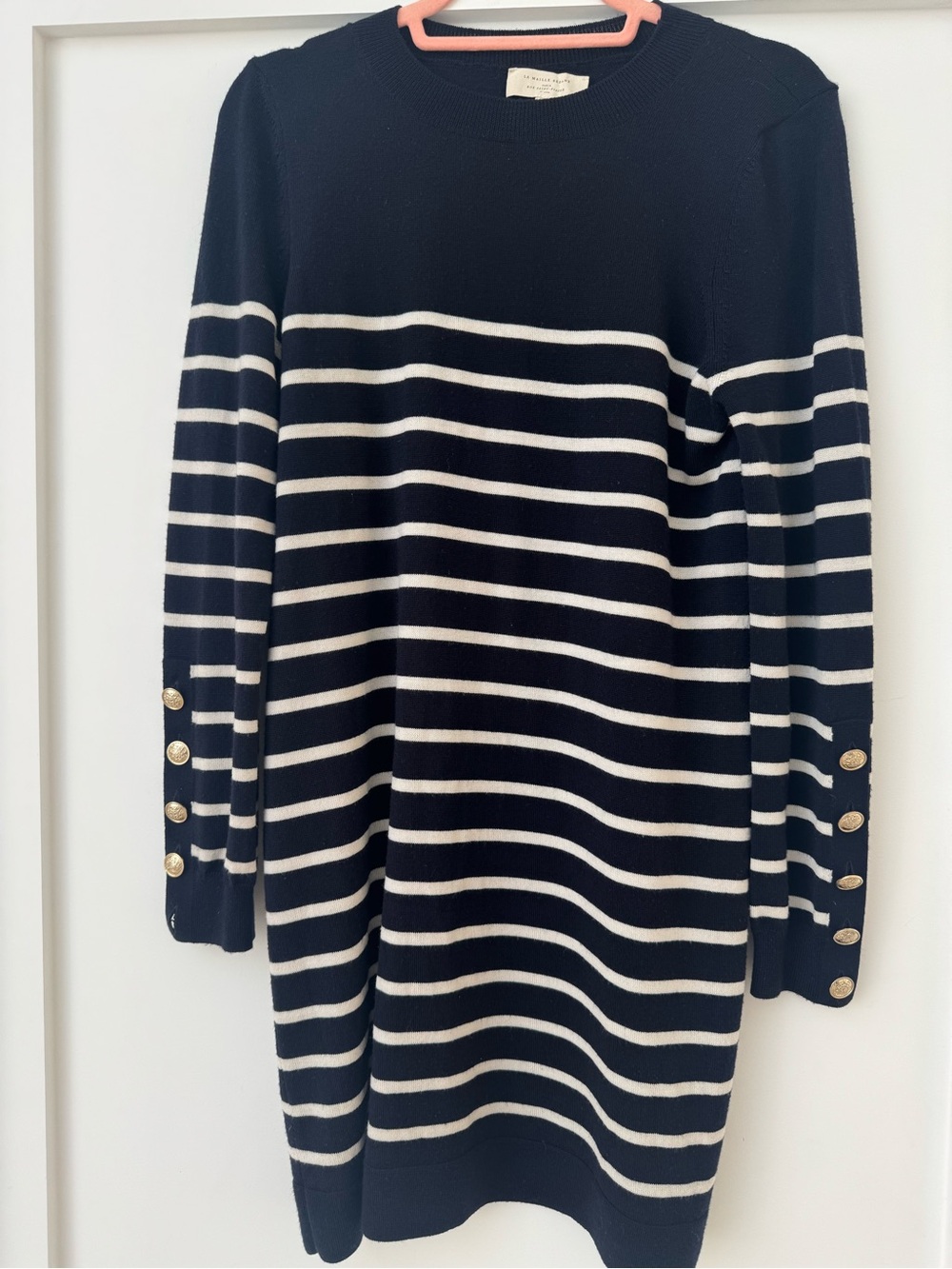 Sezane Navy and White Striped Crewneck Sweater Dress with Gold Buttons